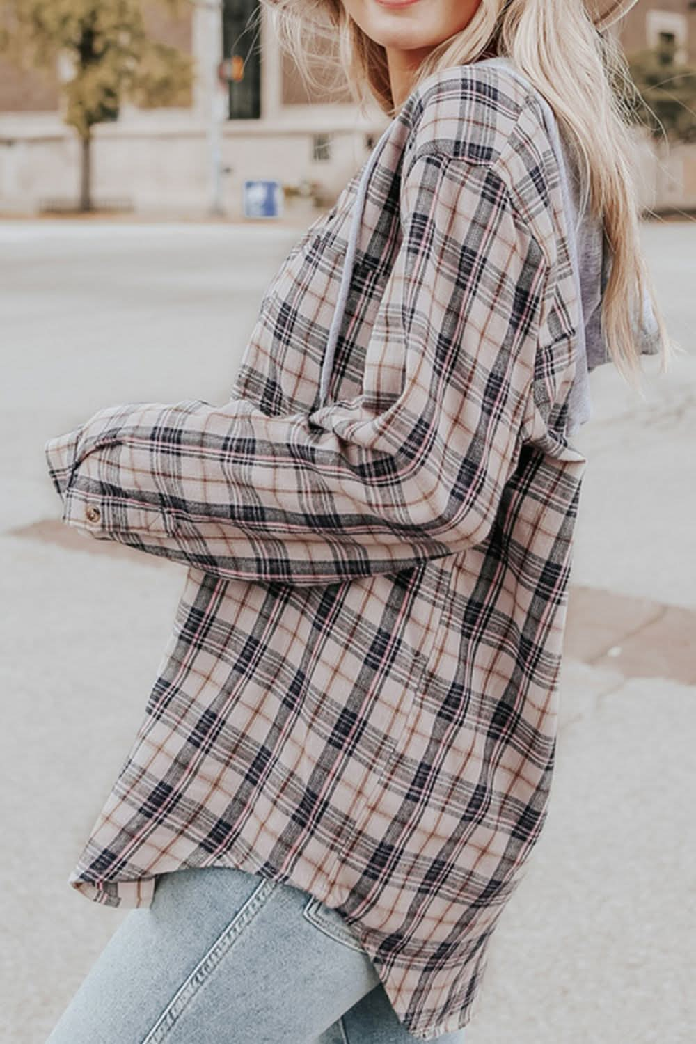 Plaid Drawstring Hooded Long Sleeve Top