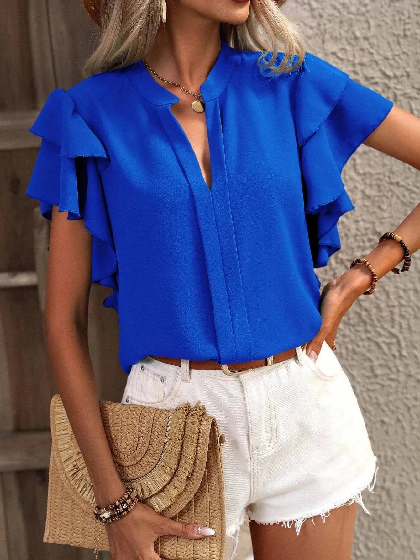 Ruffle Sleeve Notched Blouse Coco’s Tee Boutique