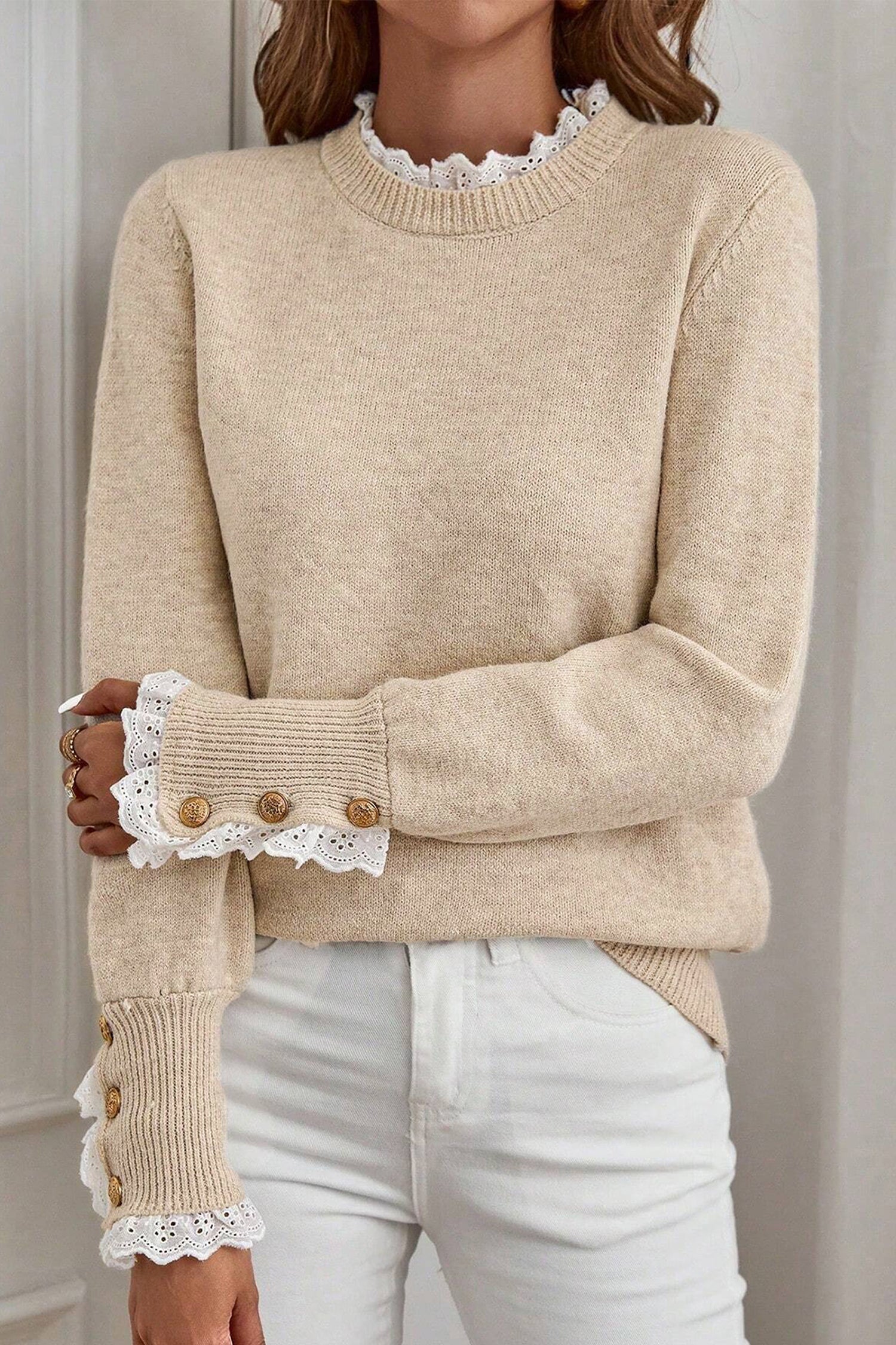 Jet Stream Lace Trim Patchwork Buttoned Cuffs Loose Sweater Dear-Lover Dropshipping