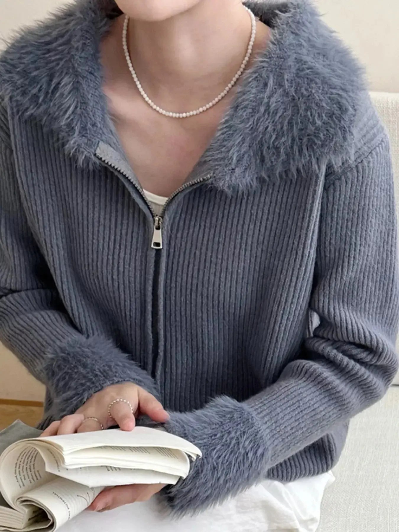 Fluffy Trim Zip-Up Cardigan Simply Love