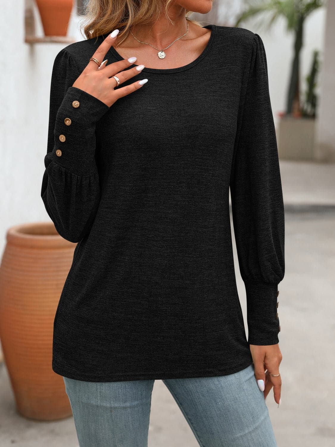 Decorative Button Round Neck Long Sleeve T-Shirt.