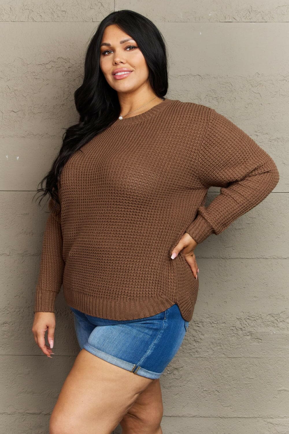 Zenana Breezy Days Plus Size High Low Waffle Knit SweaterStay Cozy in Style
 The Zenana Breezy Days Plus Size High Low Waffle Knit Sweater is not just an ordinary sweater; it is your essential companion for the colder montLove Salve Size High Low Waffle Knit Sweatercloseout