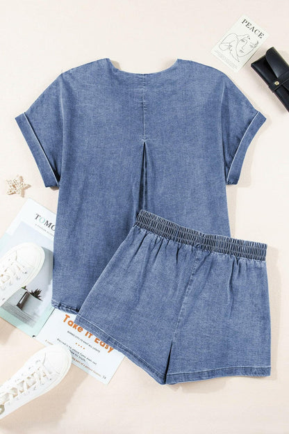 Round Neck Short Sleeve Top and Shorts Denim Set.