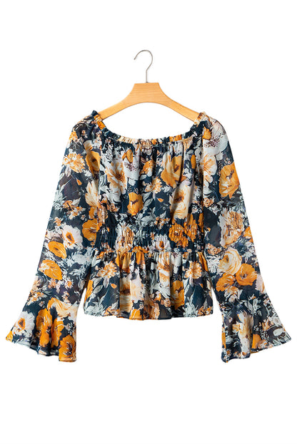 Premium Blue Floral Off Shoulder Bell Sleeve Smocked Peplum Top