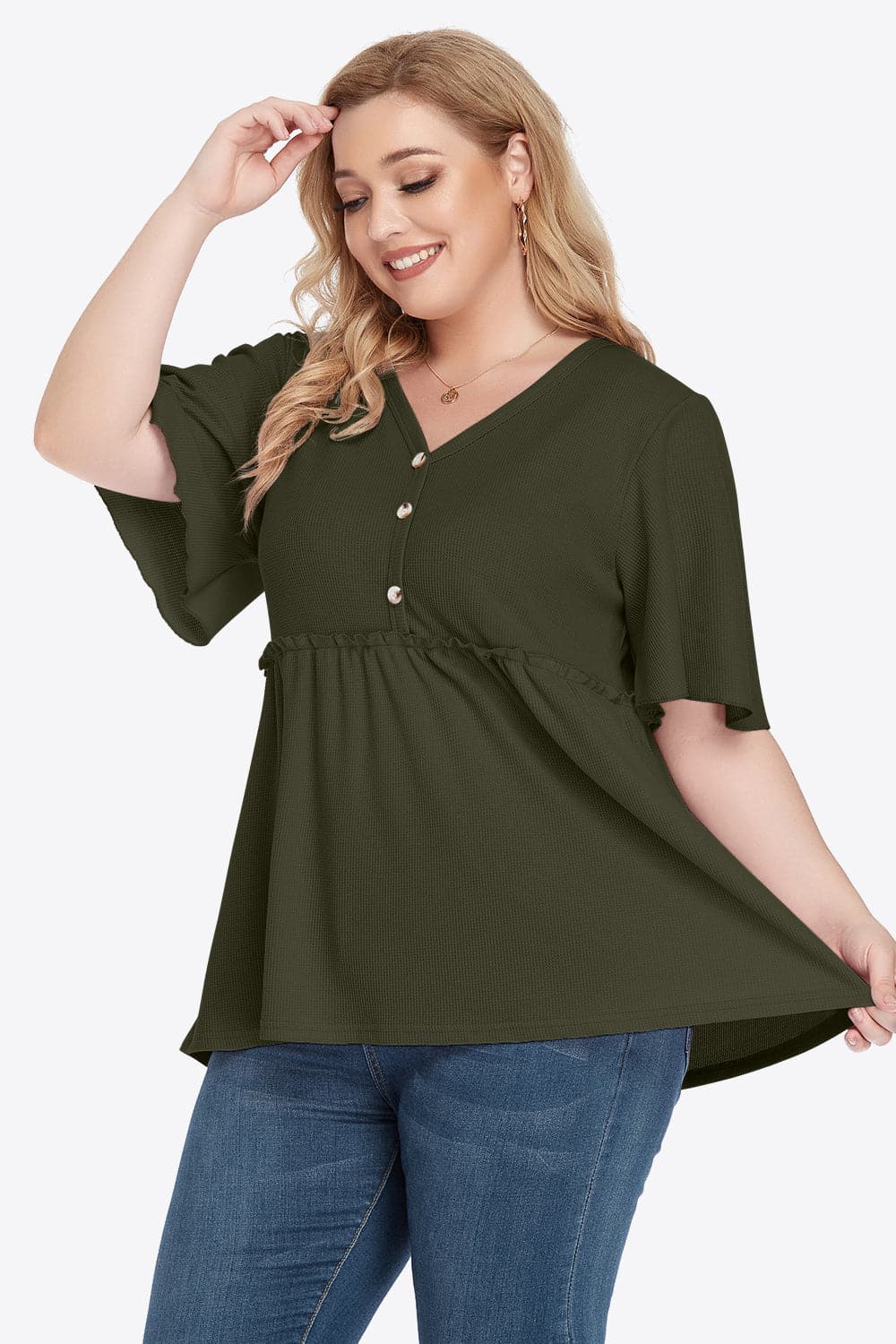 Plus Size Buttoned V-Neck Frill Trim Babydoll Blouse.