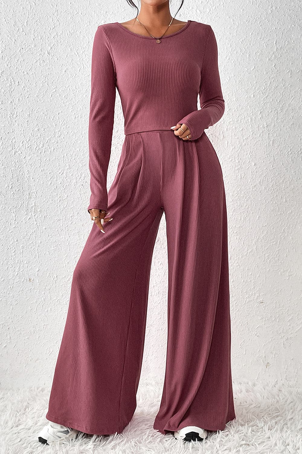 Ribbed Round Neck Top and Wide-Leg Pants Set.