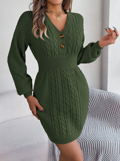 Buttoned Cable-Knit V-Neck Sweater Dress.