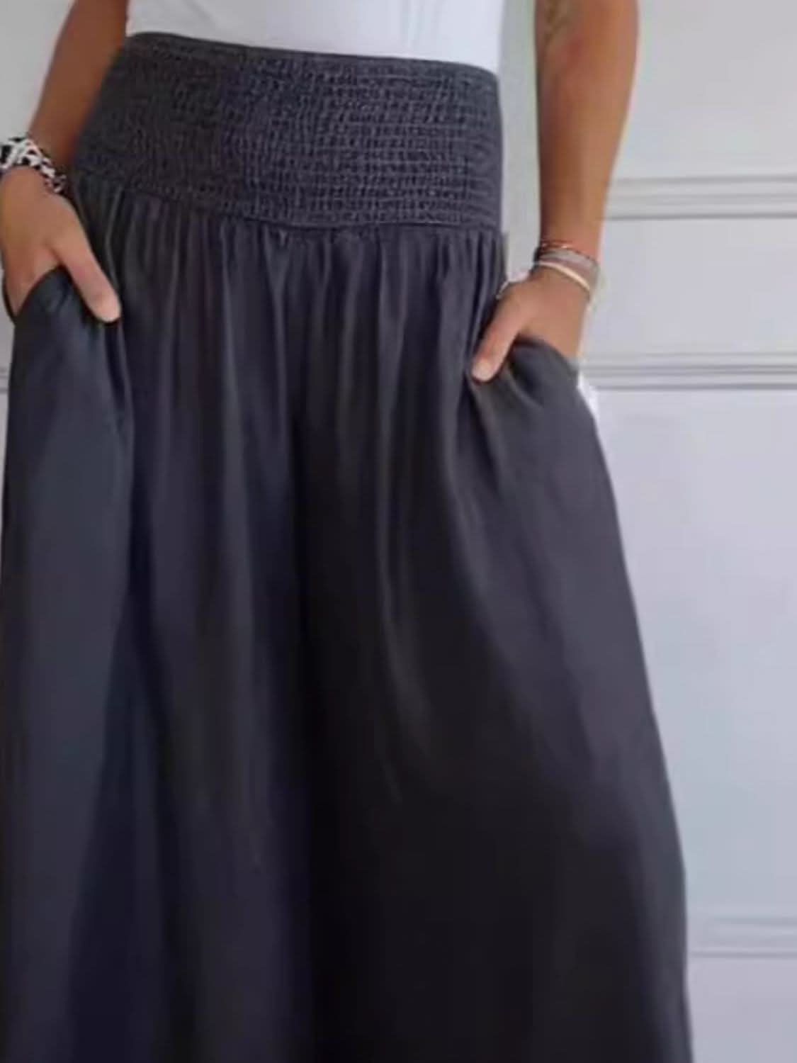 Smocked Wide Leg Pants with Pockets in Full Size