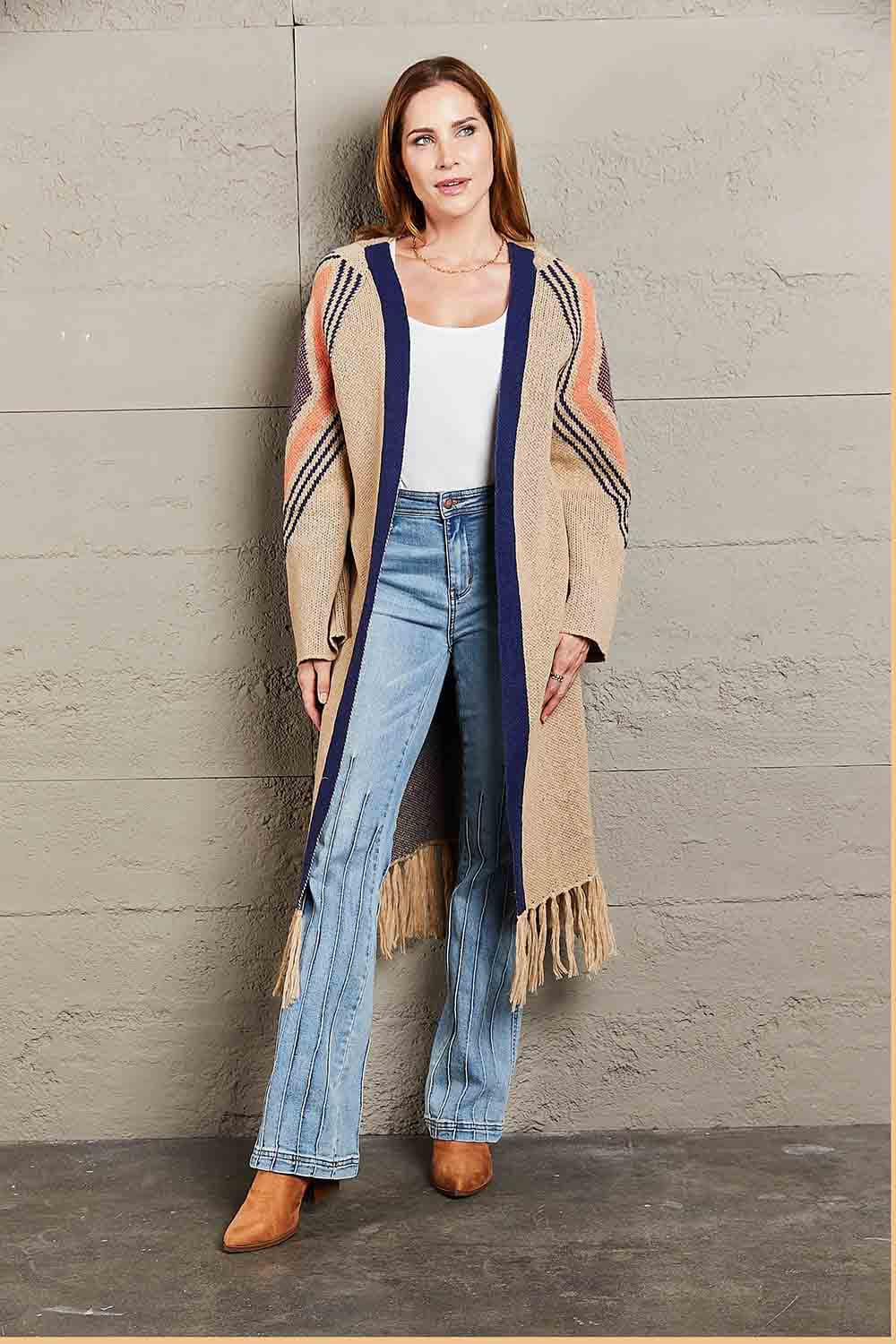 Geometric Fringe Hem Open Front Duster Cardigan.