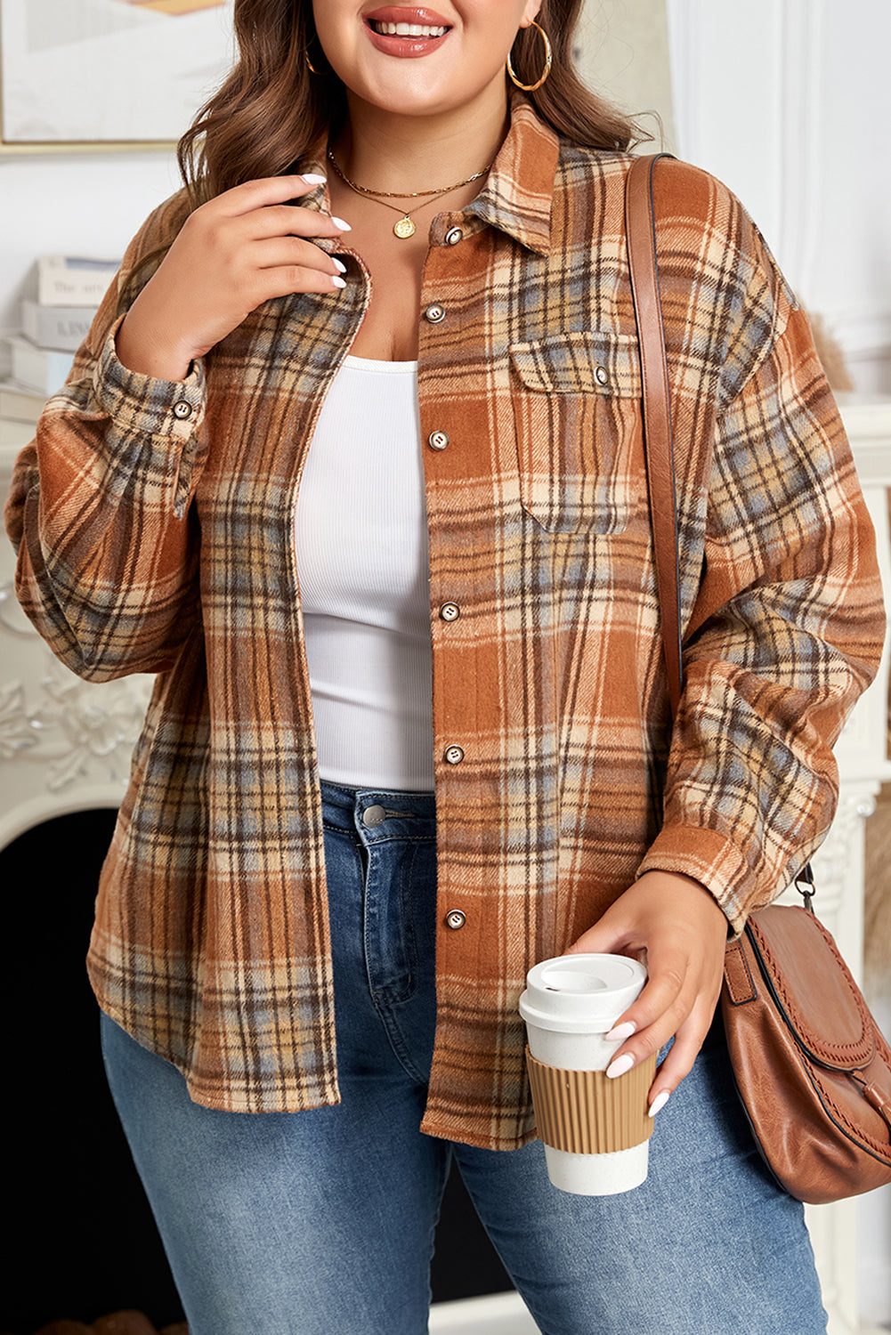 Brown Plaid Print Flap Pocket Buttoned Plus Size Shacket Dear-Lover Dropshipping