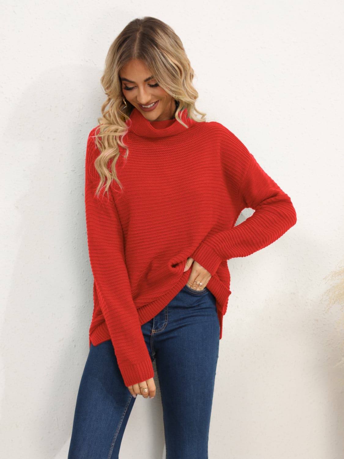 Slit Turtleneck Dropped Shoulder Sweater.