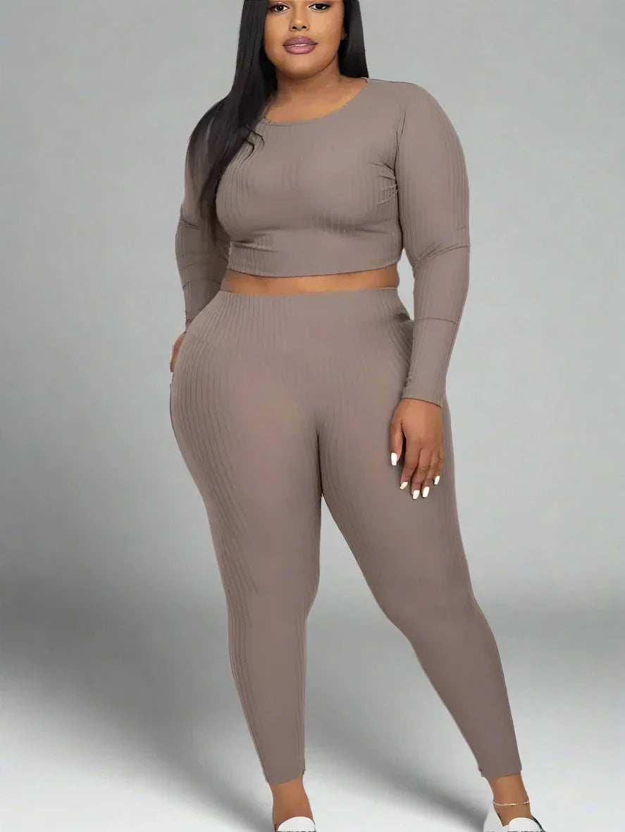 Plus Size Ribbed Long Sleeve Crop Top & Leggings Set - Soft, Stretchy, and Perfect for Everyday Wear Coco’s Tee Boutique