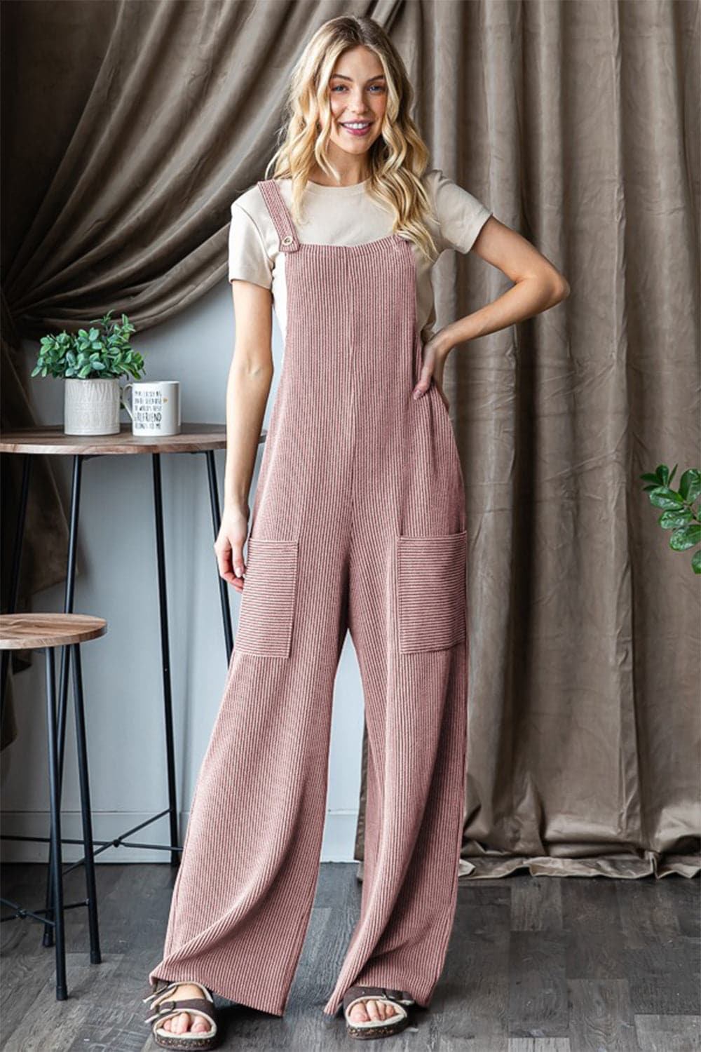 Heimish Full Size Ribbed Front Pocket Sleeveless Jumpsuit.