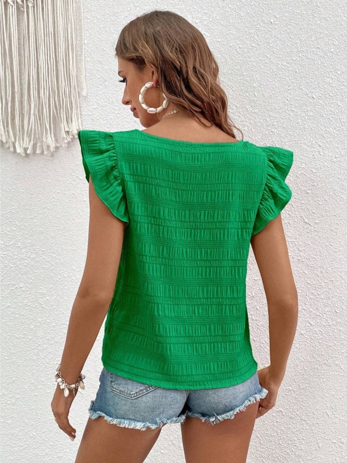 Ruffled Square Neck Cap Sleeve Blouse.