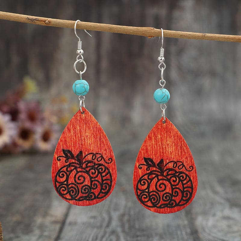 Turquoise Wooden Pumpkin Teardrop Earrings.