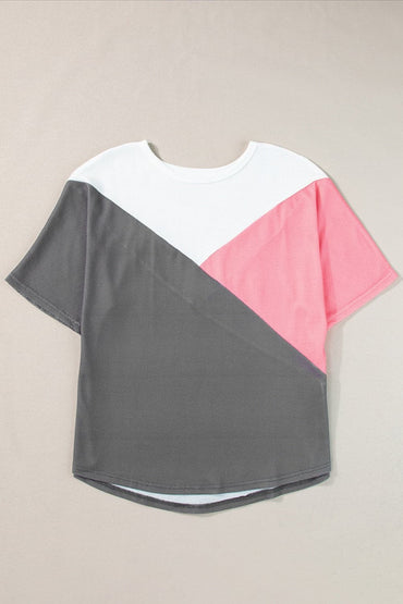 Color Block Round Neck Half Sleeve Top.