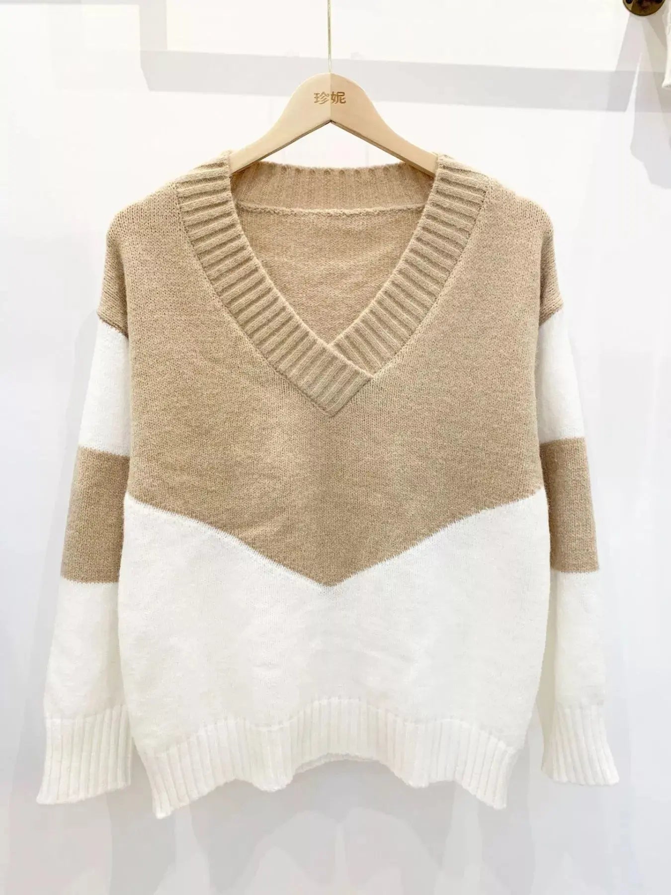 Color Block V-Neck Knit Sweater Simply Love
