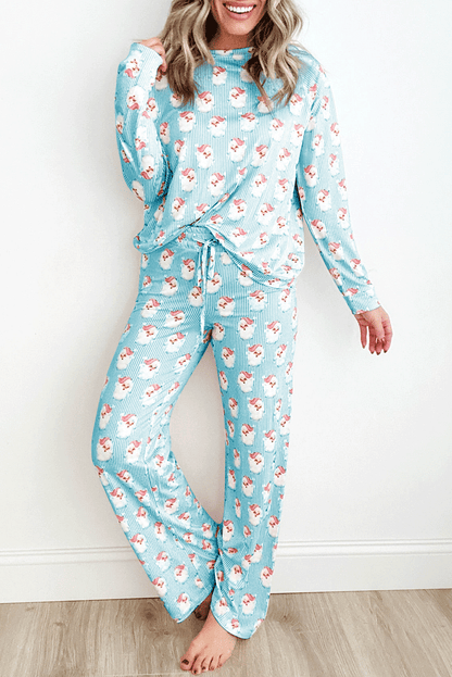 Festive Santa Patterned Long Sleeve Lounge Set with Pants