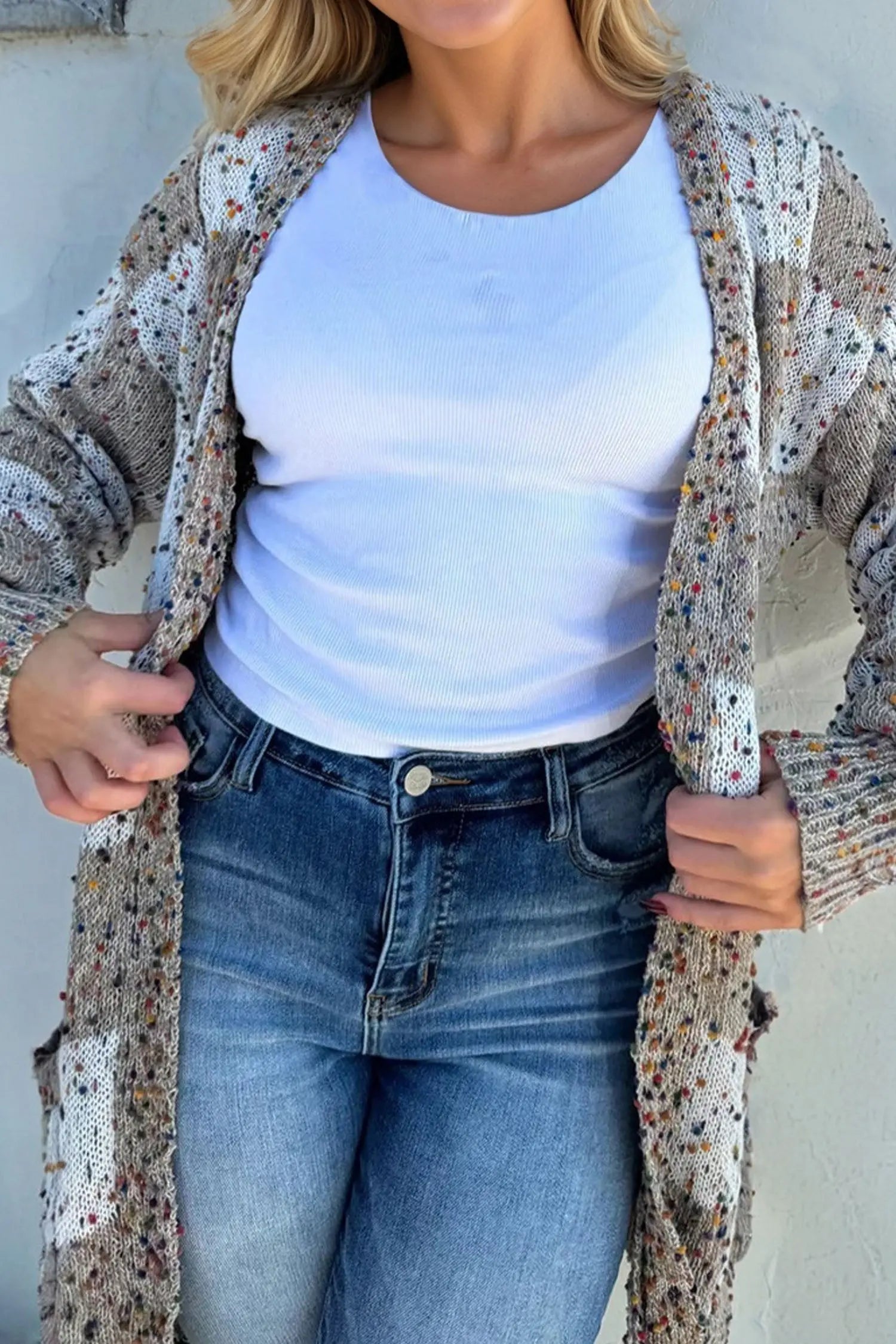 Brown Confetti Dot Checkered Print Open Cardigan with Pockets Dear-Lover Dropshipping