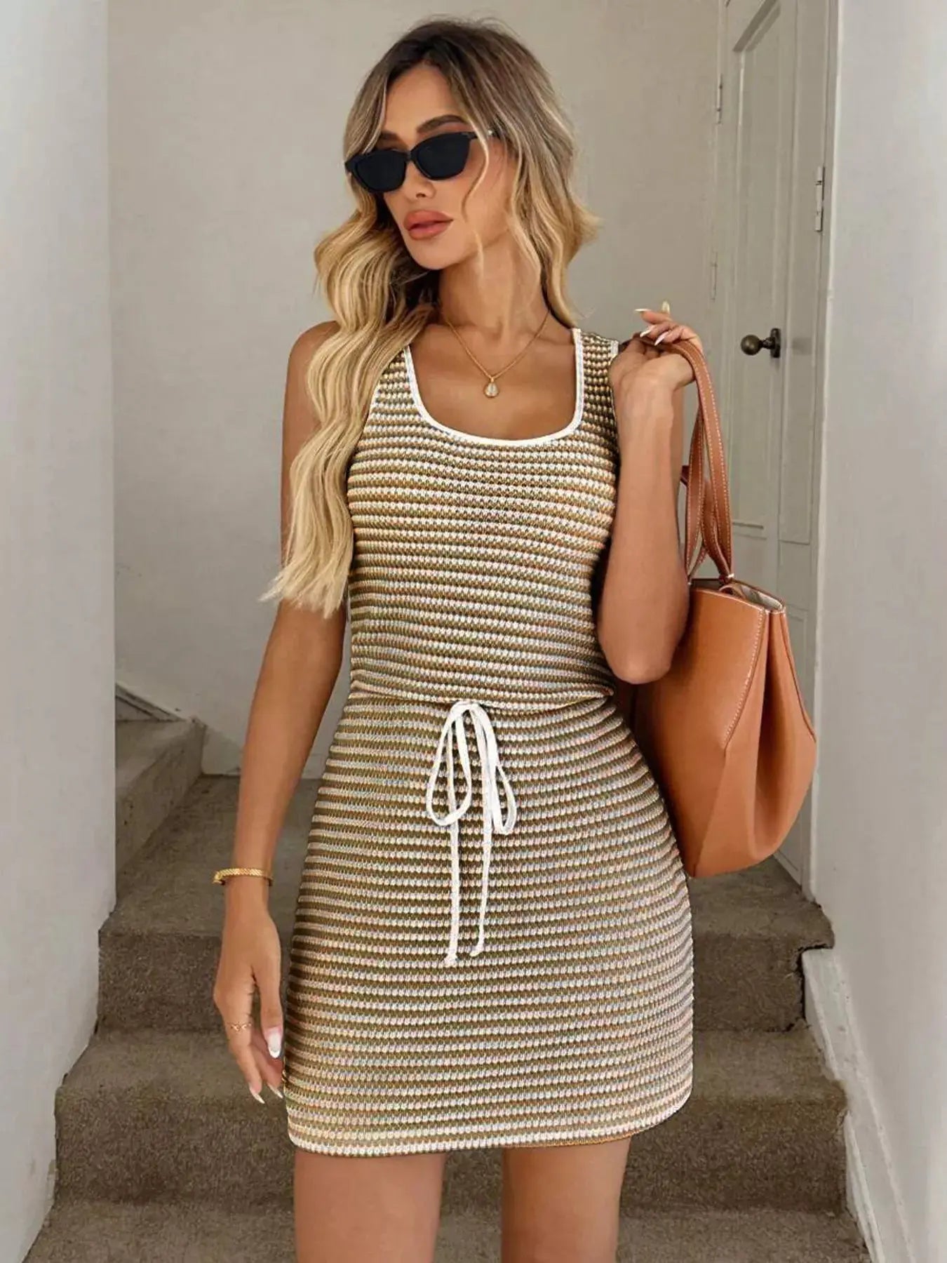 Striped Knitted Mini Dress with Drawstring Simply Love