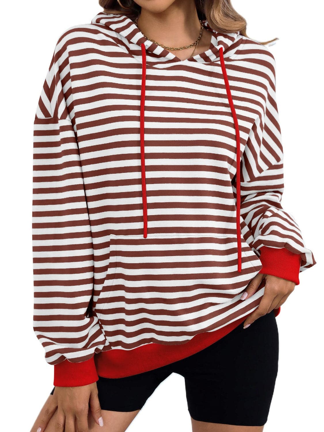 Drawstring Striped Long Sleeve Hoodie.