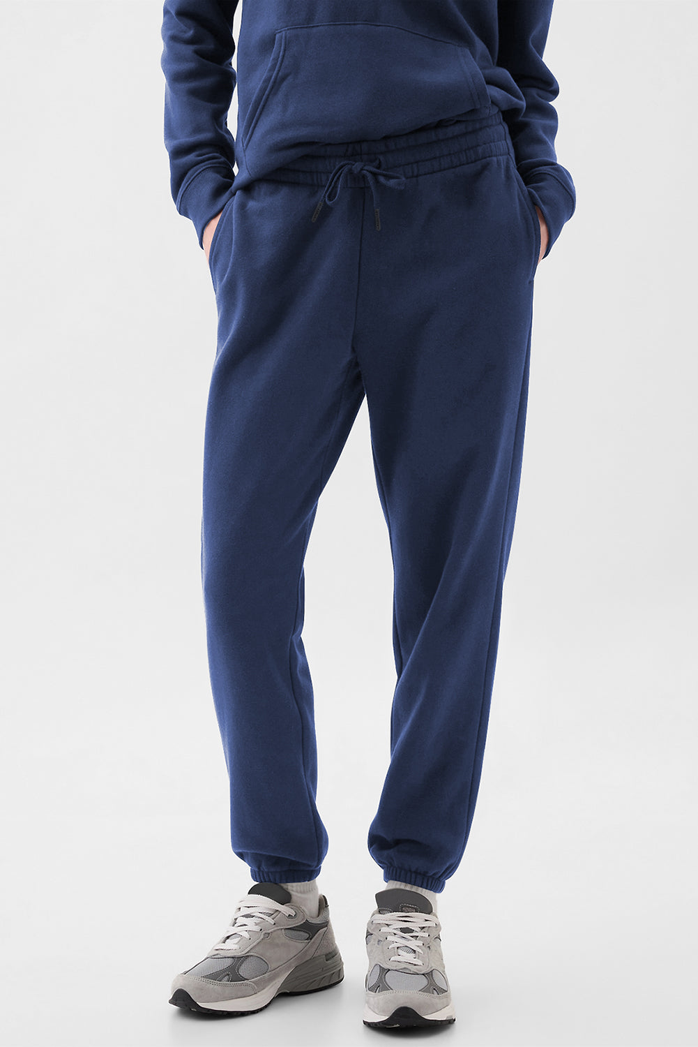 Navy blue fleece joggers with drawstring