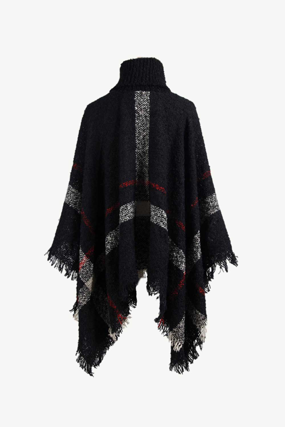 Plaid Turtleneck Raw Hem Poncho.