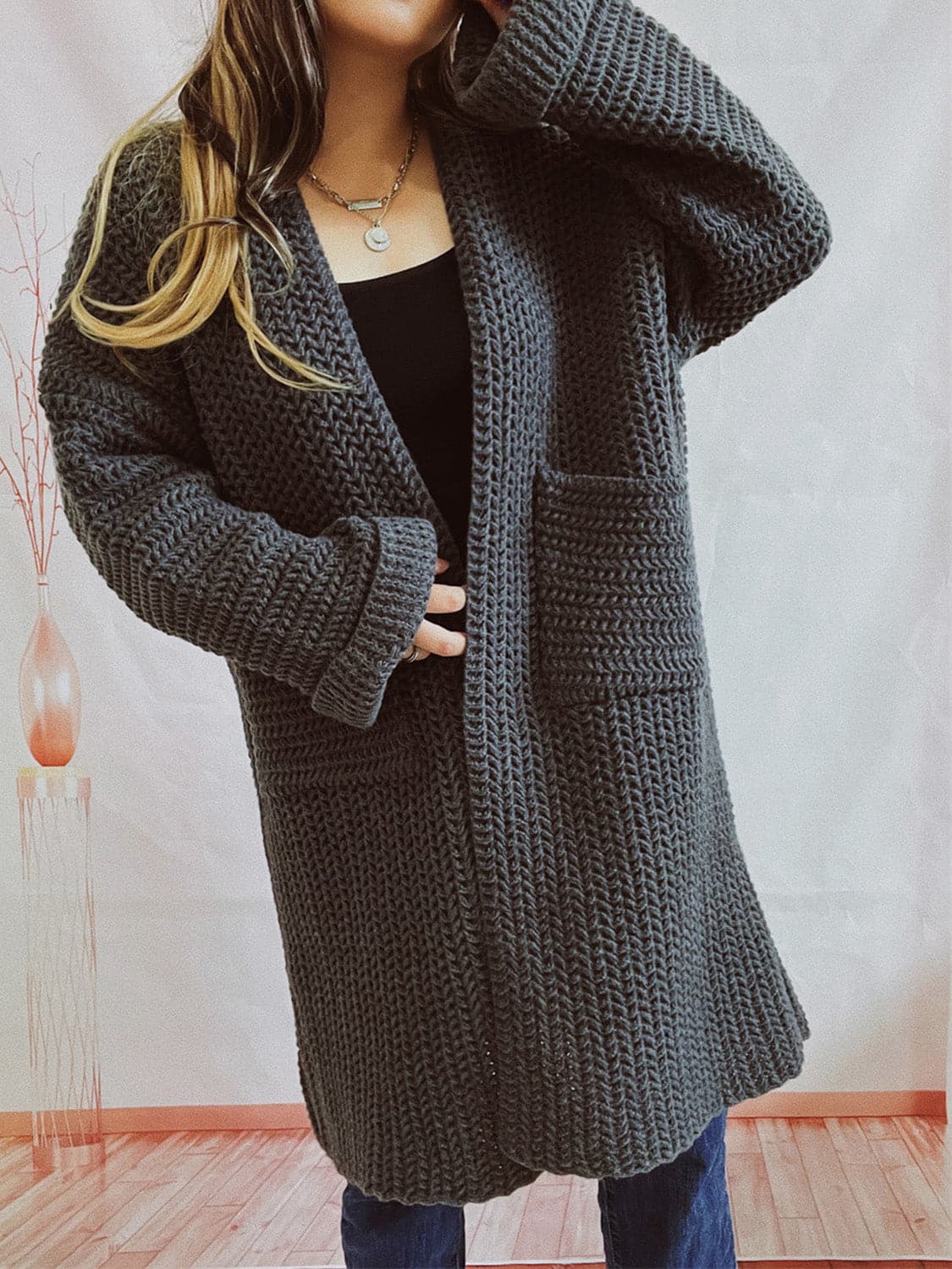 Open Front Long Sleeve Cardigan with Pockets.