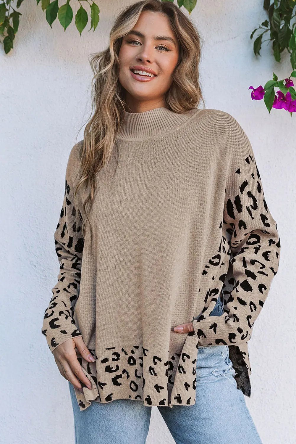 Sarai Leopard High Neck Side Slit Oversized Sweater for Women - Love Salve 