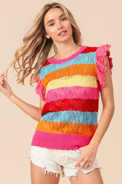 BiBi Pointelle Striped Ruffled Knit Top.