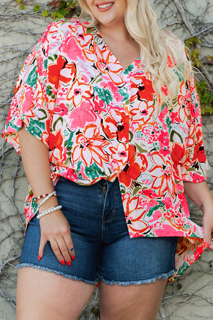 Floral elegance plus size kimono sleeve blouse