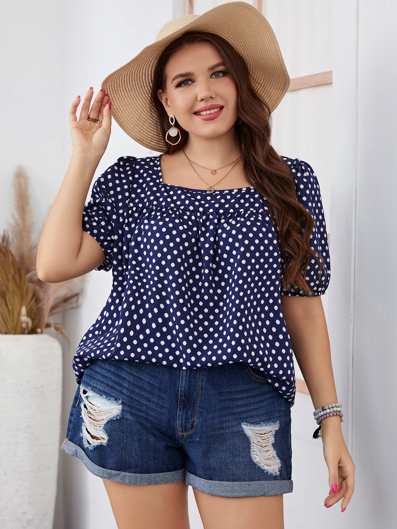 Plus Size Polka Dot Square Neck Blouse.