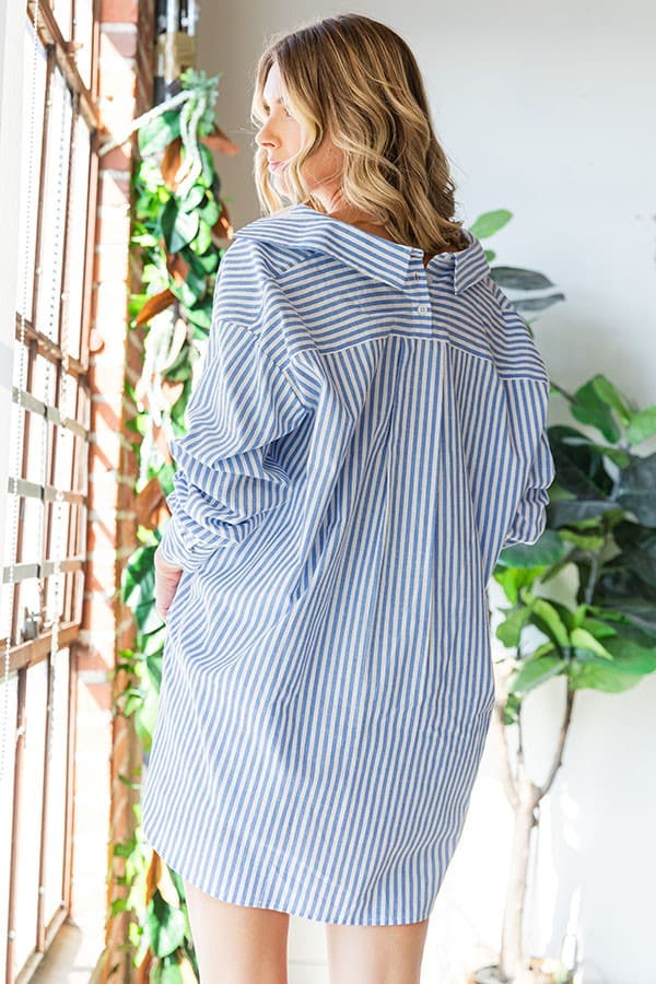 First Love Striped Button Down High-Low Hem Shirt.