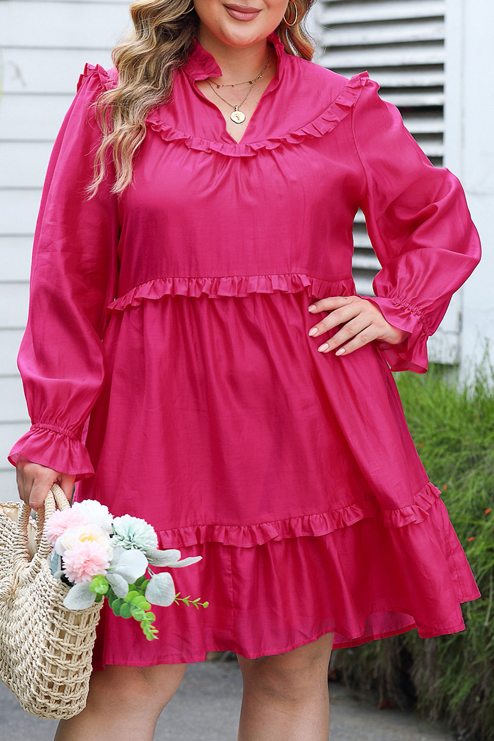 Rosy ruffled bubble sleeve plus size dress