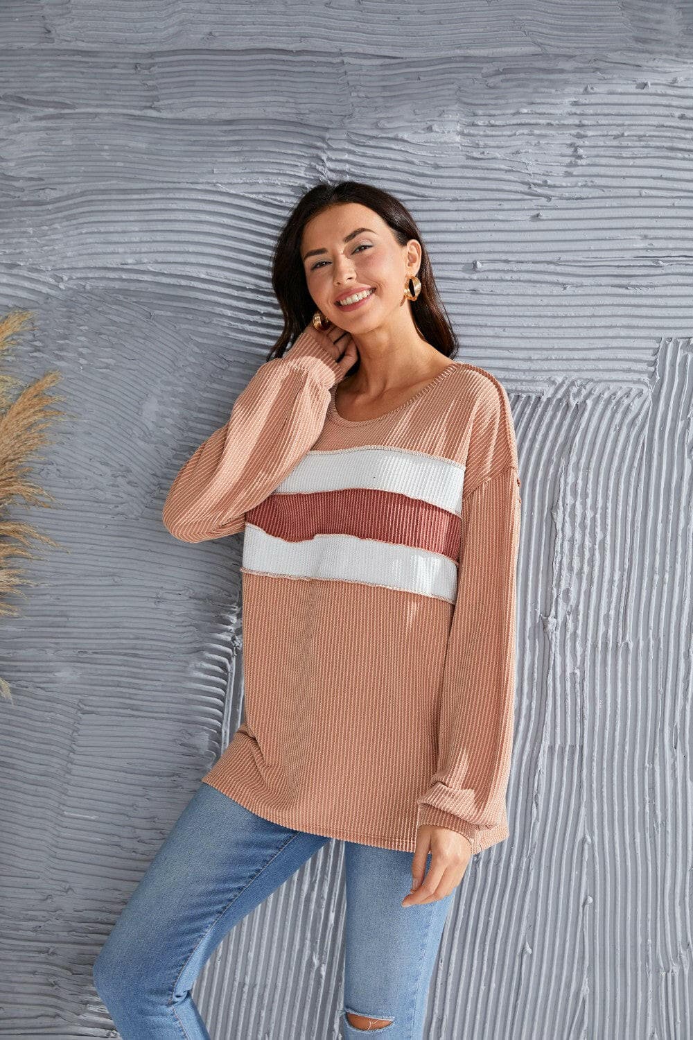 Ribbed Color Block Exposed Seam Round Neck Blouse.