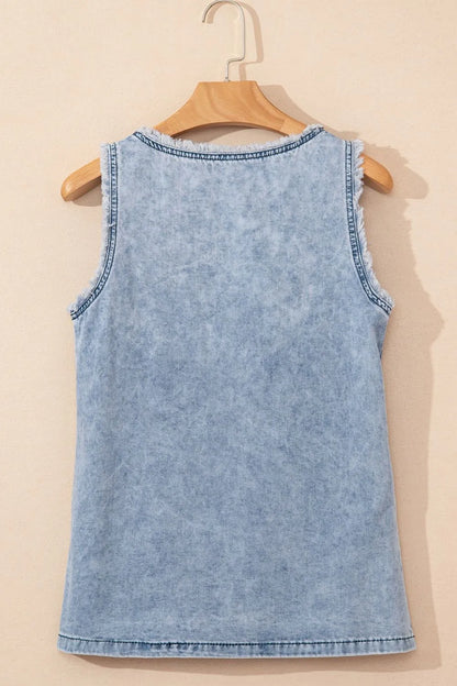 Mineral Wash Denim Frayed U Neck Sleeveless Top