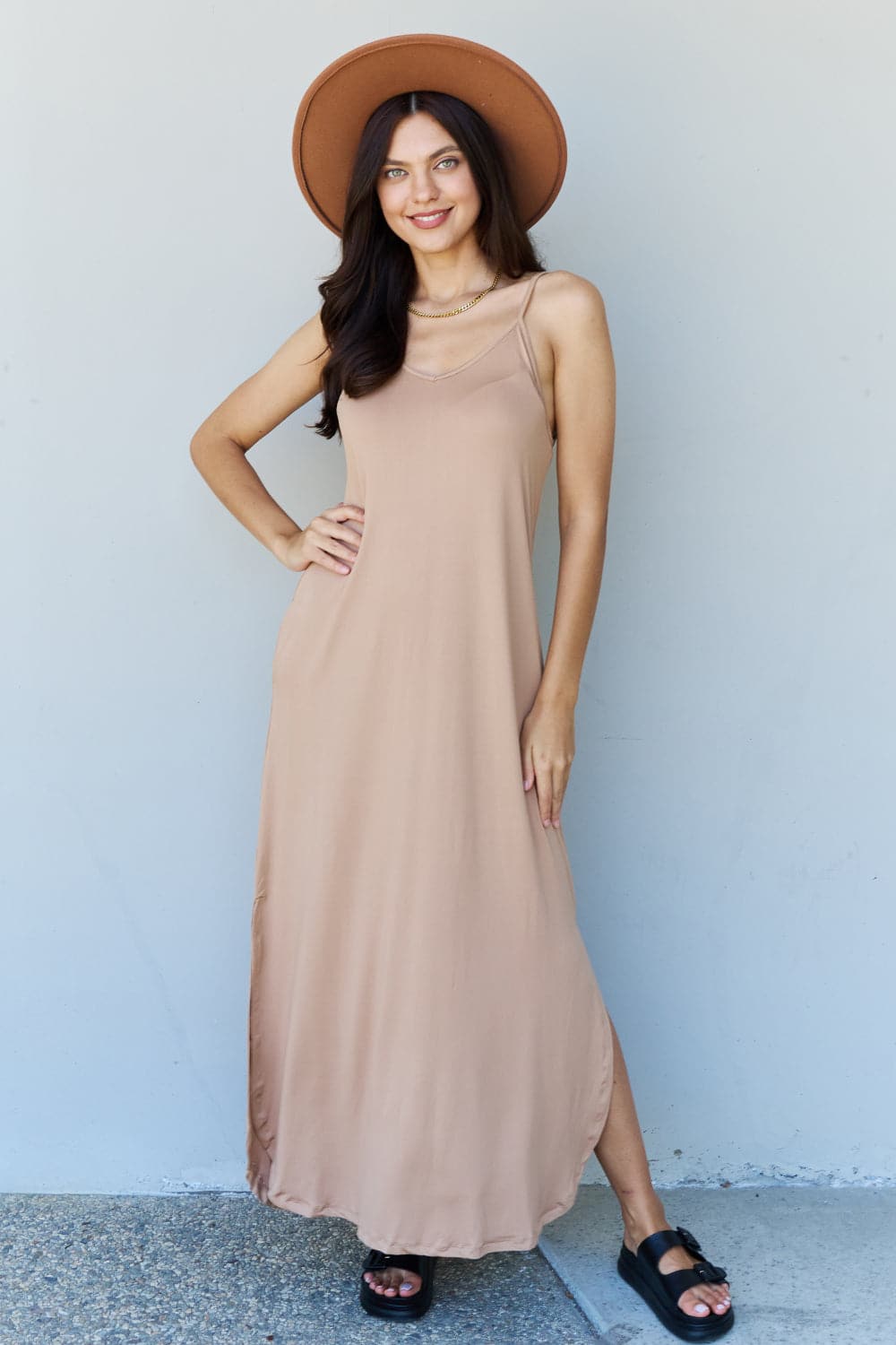 Ninexis Good Energy Full Size Cami Side Slit Maxi Dress in Camel.