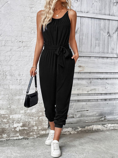 Scoop Neck Tie Waist Jumpsuit.