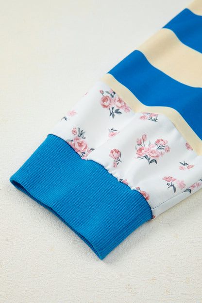 Blue Stripe Floral Color Block Drop Shoulder Plus Size Top