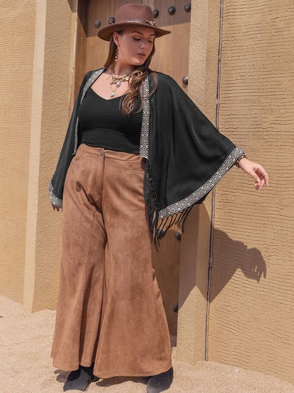 Plus Size Geometric Open Front Fringe Hem Cardigan.