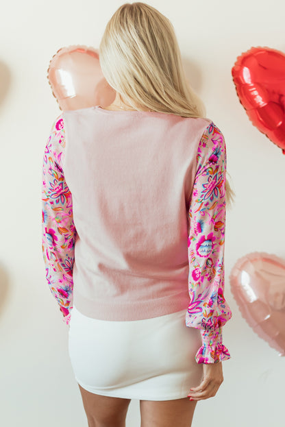 Oatmeal Floral Patchwork Smocked Long Sleeve Knit Top