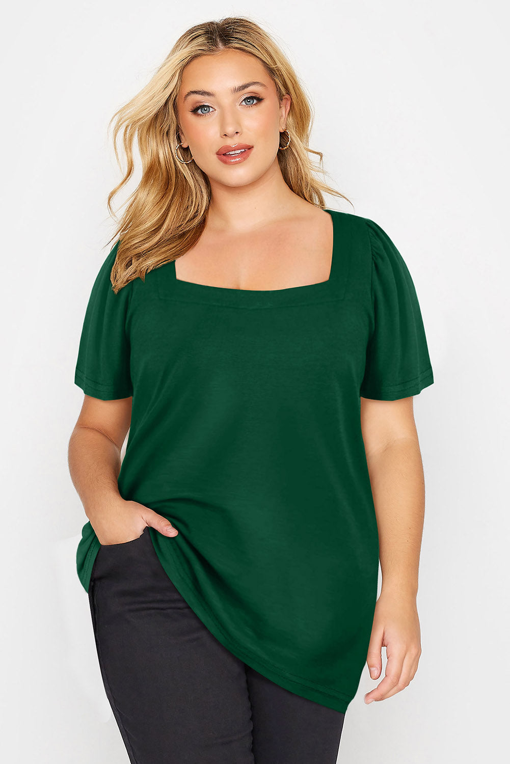 Chic green plus size square neck top with ruched shoulders