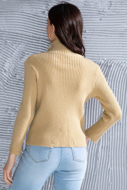 Ribbed Long Sleeve Slit Distressed Sweater.