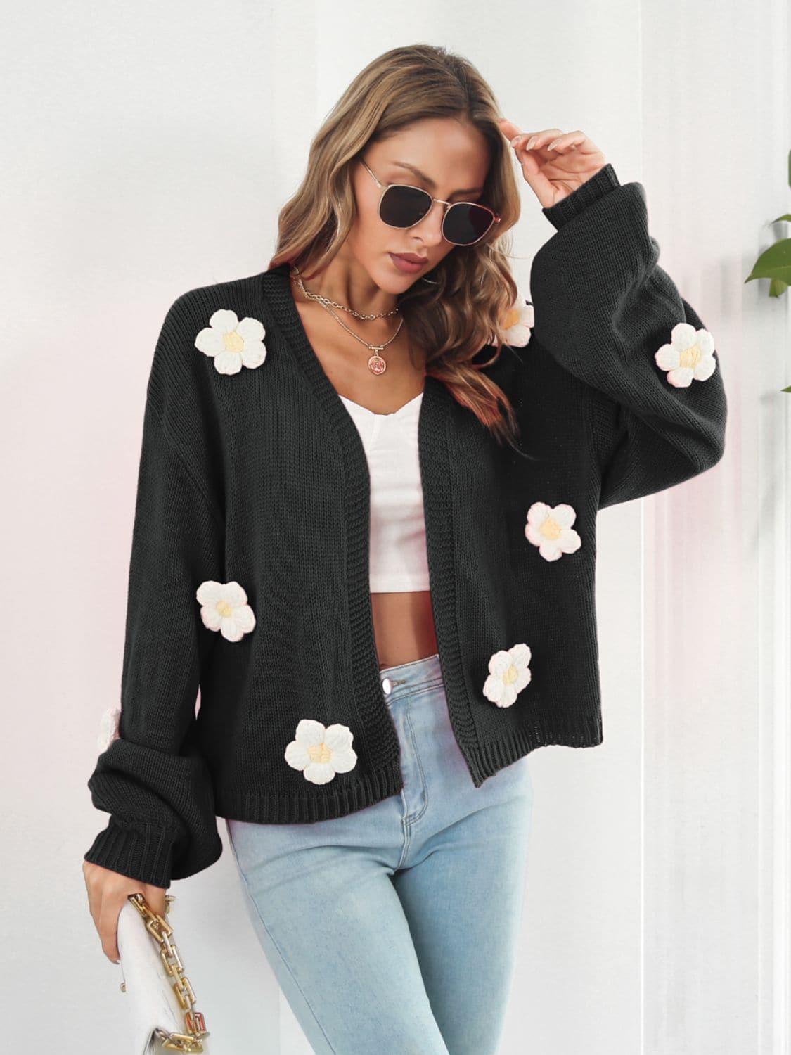 Floral Open Front Long Sleeve Cardigan.