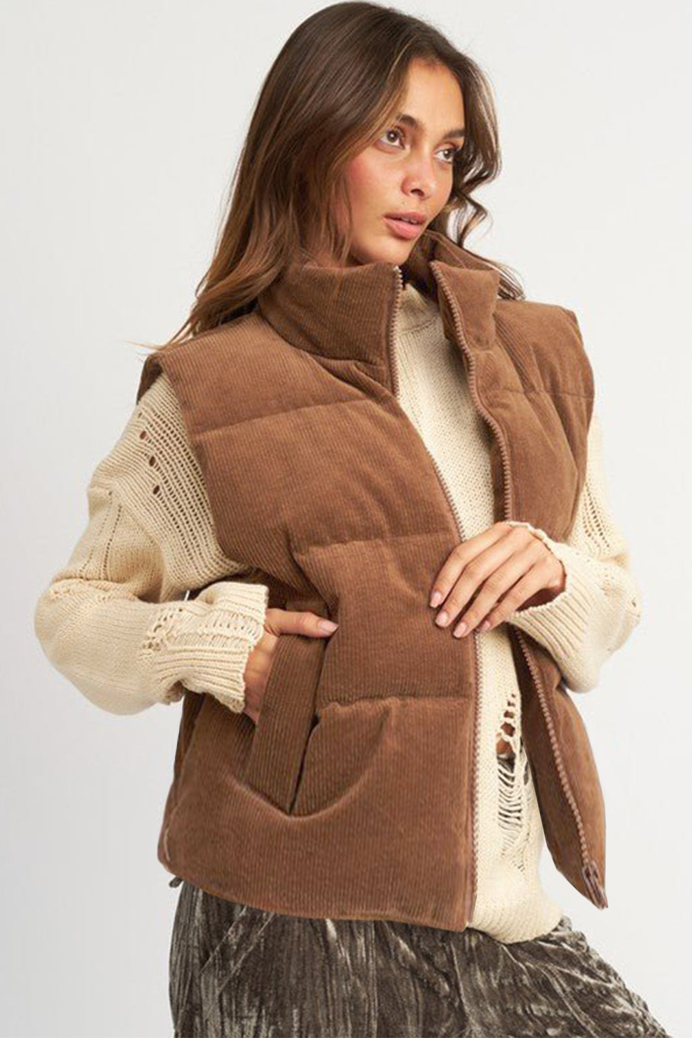 Cozy coffee corduroy puffer vest with stand neck and zipper closure