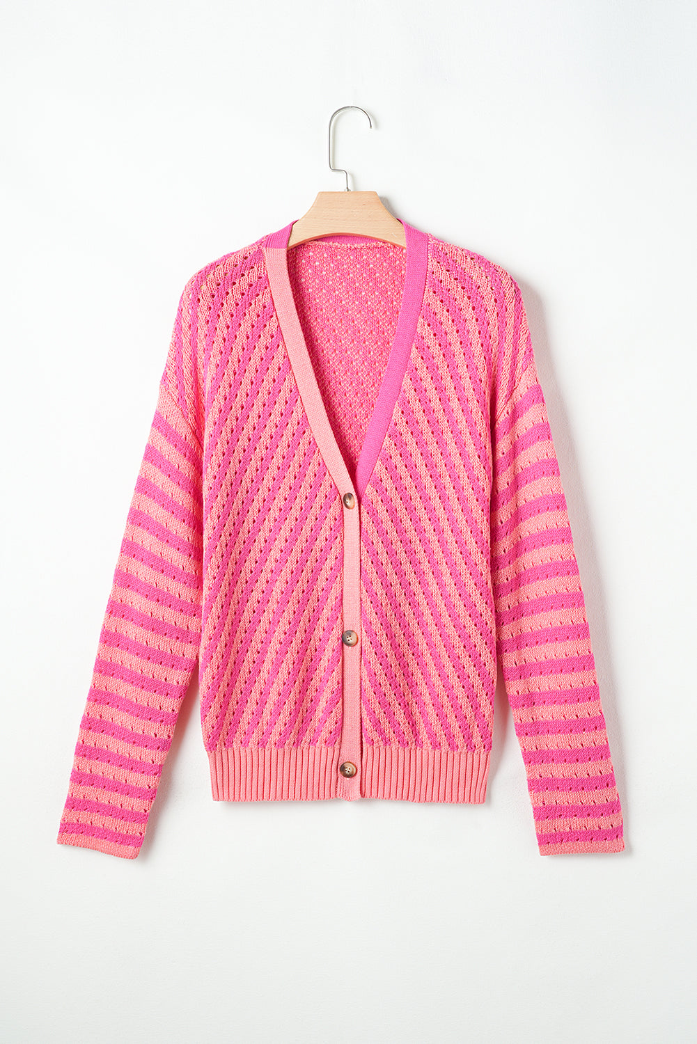 Pink Striped V-Neck Cardigan with Button Closure and Drop Shoulder Design