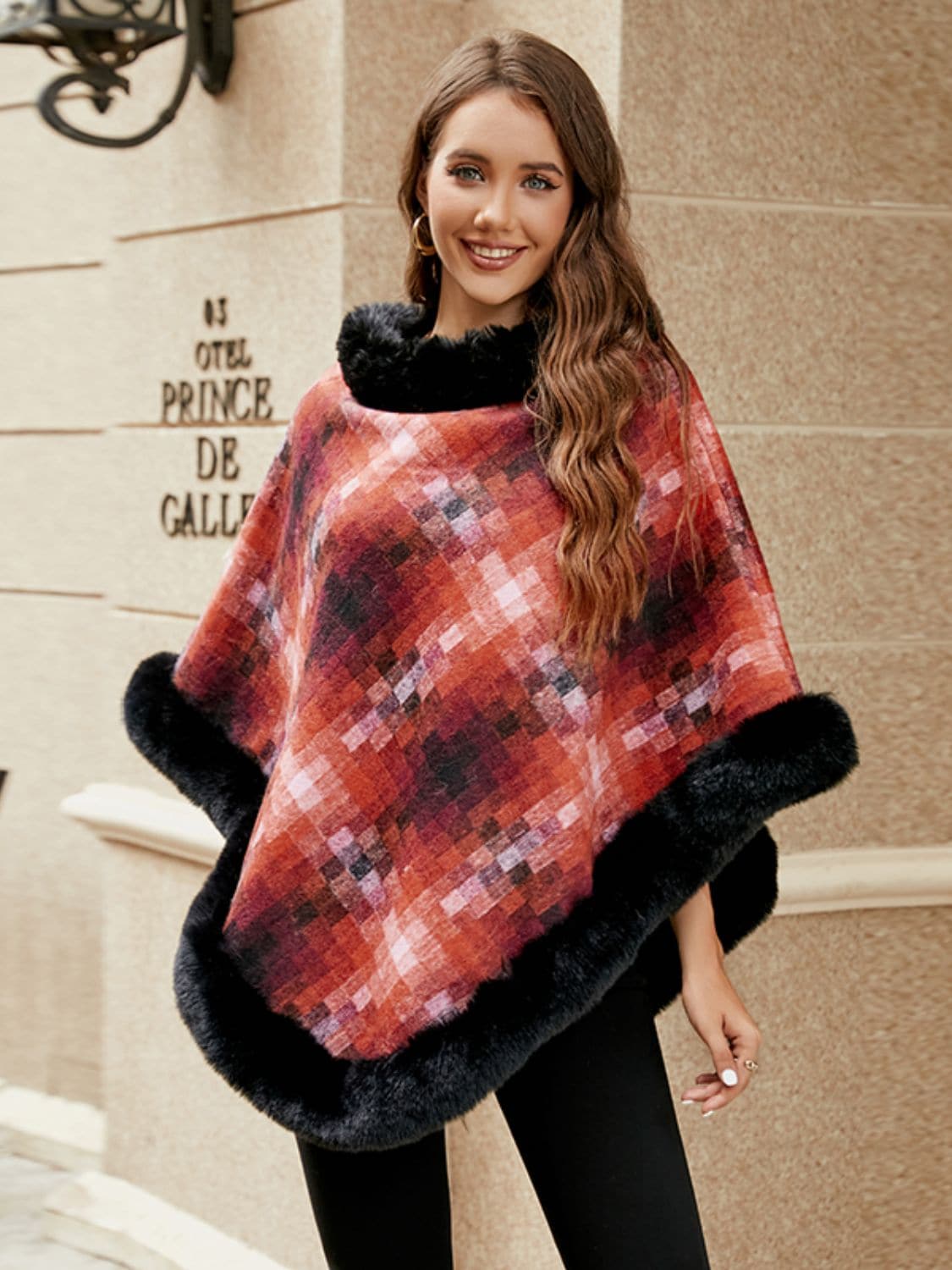 Faux Fur Trim Poncho.