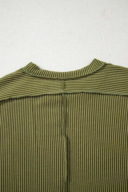 Jungle Green Textured Knit T Shirt with Exposed Stitching