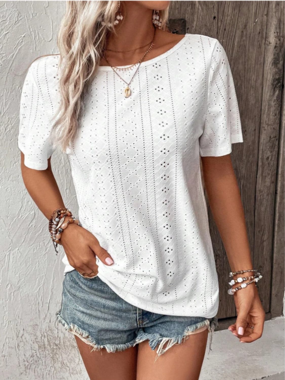 Lace Detail Eyelet Short Sleeve Blouse.