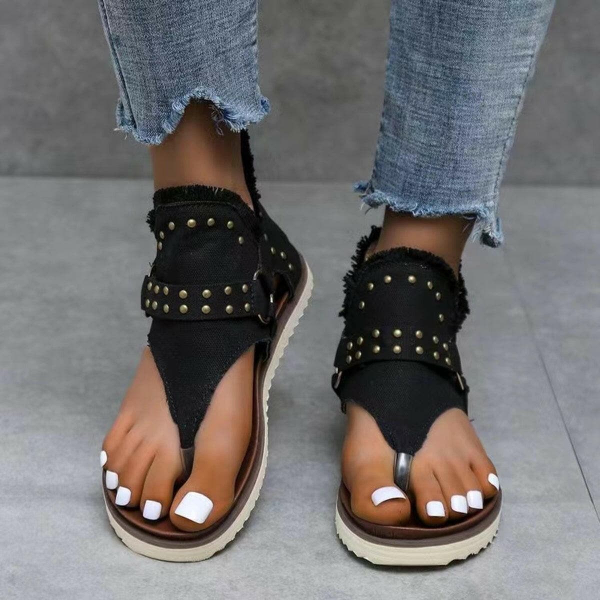 Rivet Detail Frayed Edge Slide Sandals.